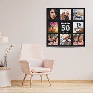 50th birthday black silver custom photo collage faux canvas print