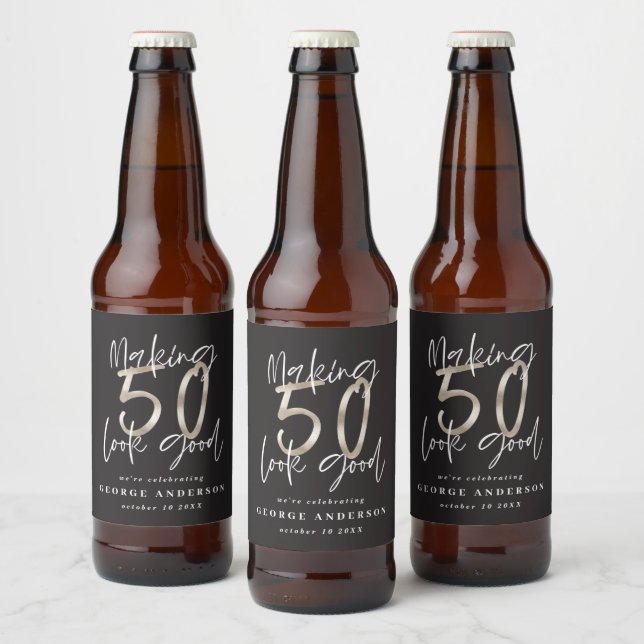 50th birthday black silver modern elegant wine lab beer bottle label (Bottles)