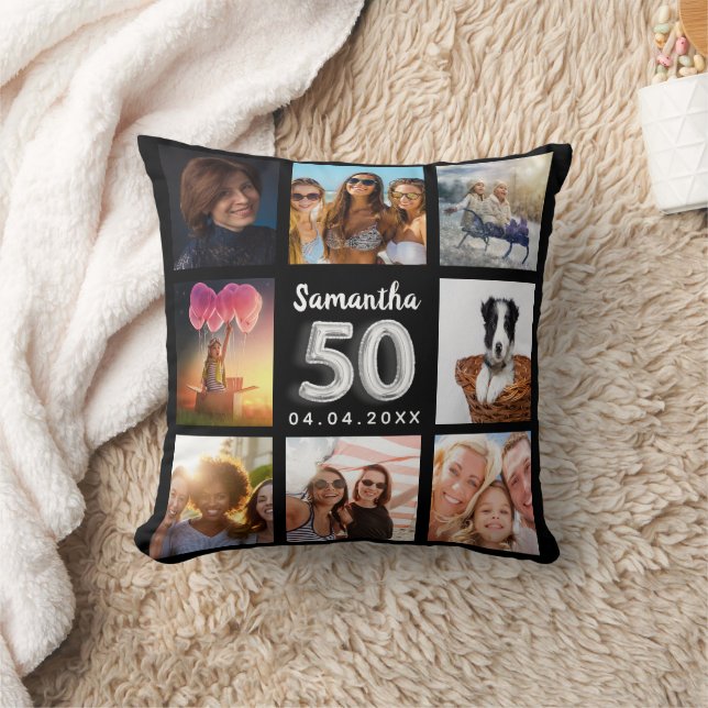 50th birthday black silver photo collage cushion (Blanket)