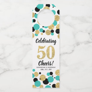 50th Birthday Black Teal Gold Glitter Confetti Bottle Tag
