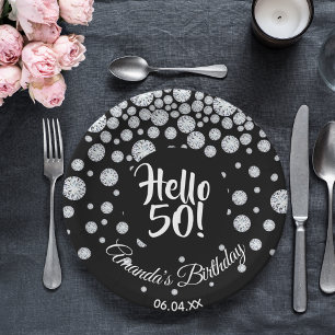 50th birthday black white diamonds name paper plate
