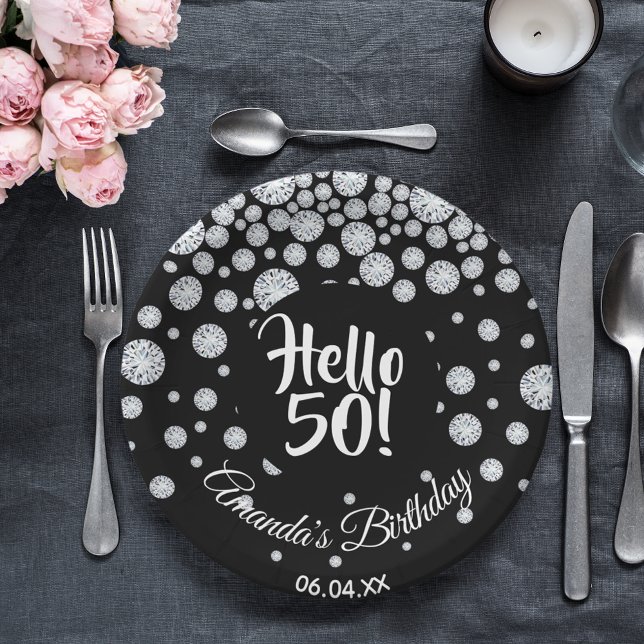 50th birthday black white diamonds name paper plate (Creator Uploaded)