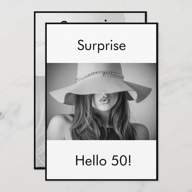50th Birthday Black White Photo Surprise Elegant Invitation (Front/Back)
