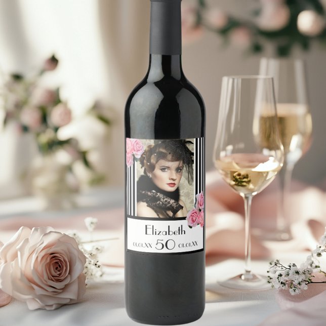 50th birthday black white stripes floral photo wine label (Creator Uploaded)