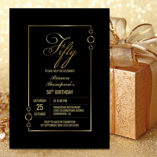 50th Birthday Black with Gold Frame Party Invitation (Creator Uploaded)