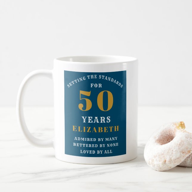 50th Birthday Blue And Gold Add Your Name Coffee Mug (With Donut)