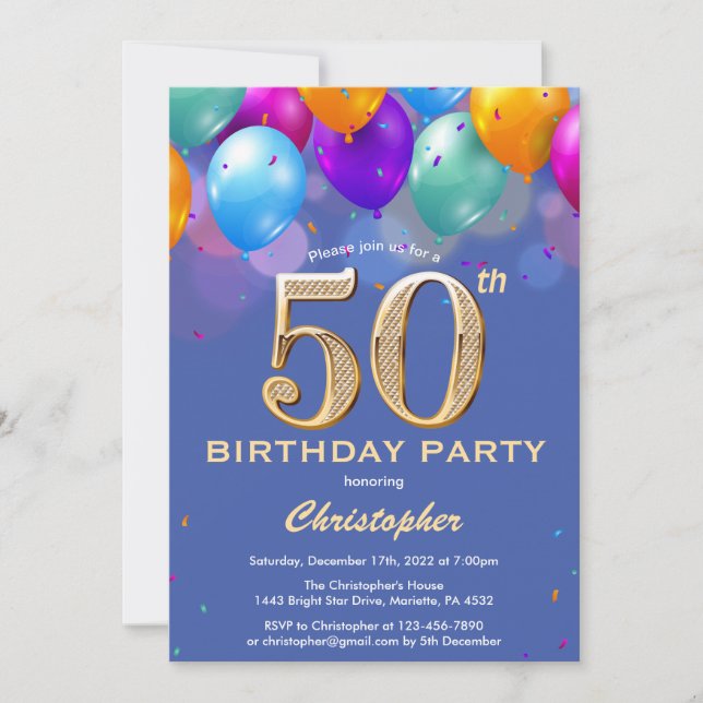 50th Birthday Blue and Gold Colourful Balloons Invitation (Front)