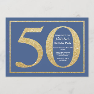 50th Birthday Blue and Gold Glitter Invitation