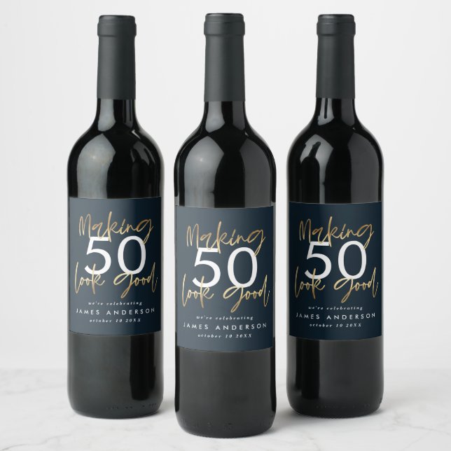50th Birthday blue and gold simple elegant modern Wine Label (Bottles)