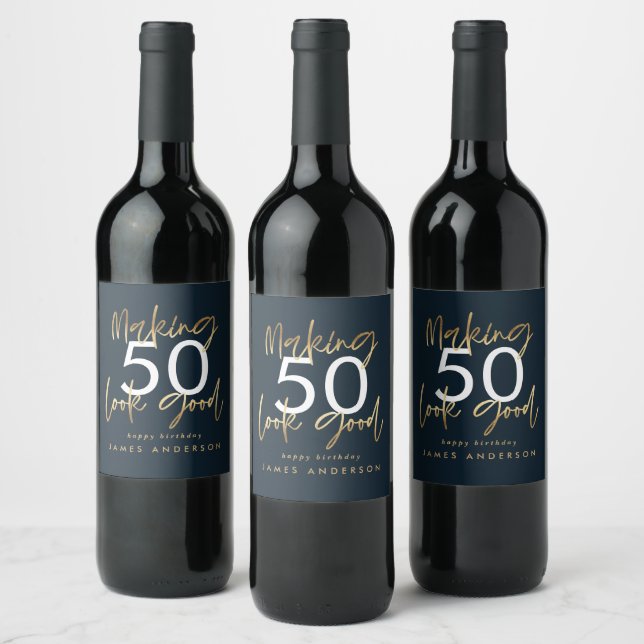 50th Birthday blue and gold simple elegant modern Wine Label (Bottles)