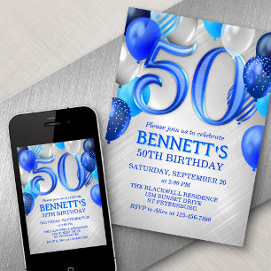 50th Birthday Blue Balloons Invitation