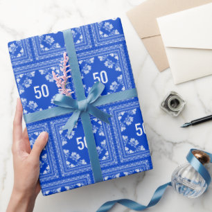50th Birthday Blue Bandanna Wrapping Paper