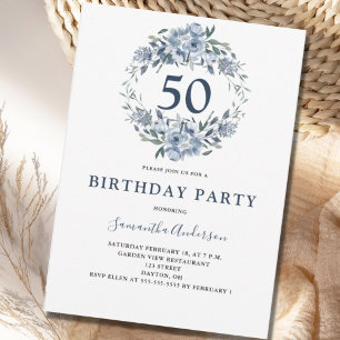 50th Birthday Blue Floral Botanical Invitation