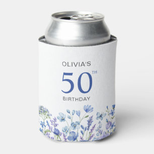 50th Birthday Blue Floral Can Cooler