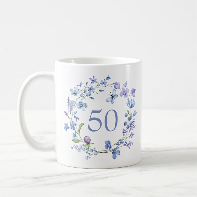 50th Birthday Blue Floral Monogram  Coffee Mug (Left)