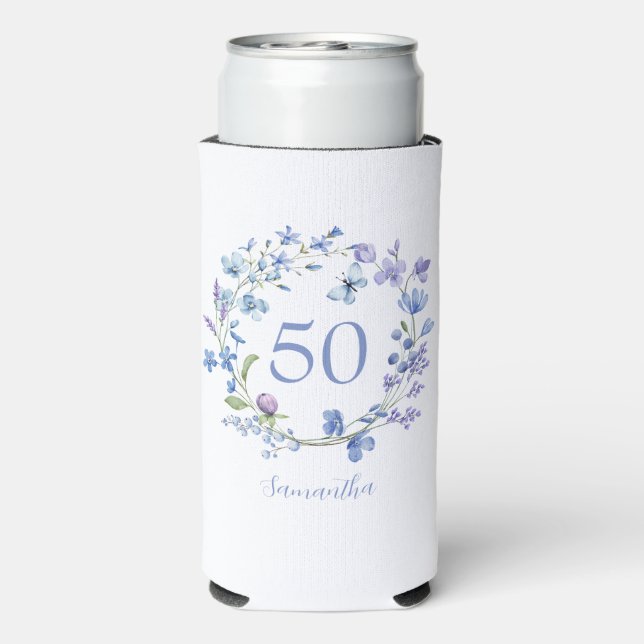 50th Birthday Blue Floral Name Cooler (Seltzer Back)
