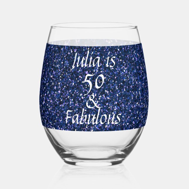 50th Birthday Blue Glitter Gift Favour Trendy Stemless Wine Glass (Front)
