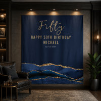 50th Birthday Blue Gold Agate Photo Backdrop