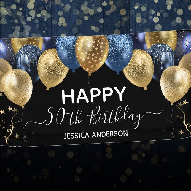 50th Birthday Blue Gold Balloons  Banner (Creator Uploaded)