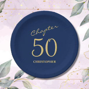 50th Birthday Blue Gold Chapter 50 Paper Plate