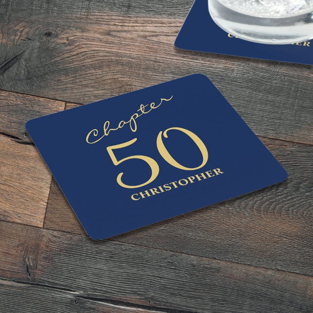 50th Birthday Blue Gold Chapter 50 Square Paper Coaster (Personalized 50 birthday paper coasters. Blue and gold unique design.)