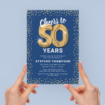 50th Birthday Blue Gold Invitation<br><div class="desc">Elegant fiftieth birthday party invitation featuring a trendy blue background that can be changed to any colour,  gold sparkly glitter,  fifty gold hellium balloons,  and a modern 50th birthday celebration text template that is easy to personalise.</div>