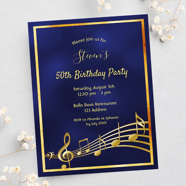 50th birthday blue gold music notes invitation postcard (Creator Uploaded)