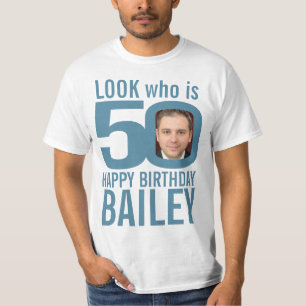 50th birthday blue grey look 50 custom photo name T-Shirt