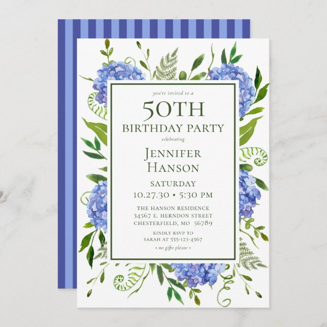 50th Birthday Blue Hydrangeas Invitation (Front/Back)