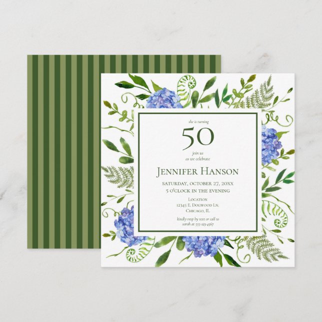 50th Birthday Blue Hydrangeas Invitation (Front/Back)