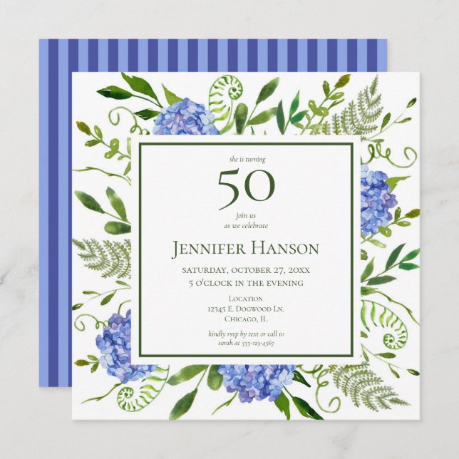 50th Birthday Blue Hydrangeas Invitation (Front/Back)