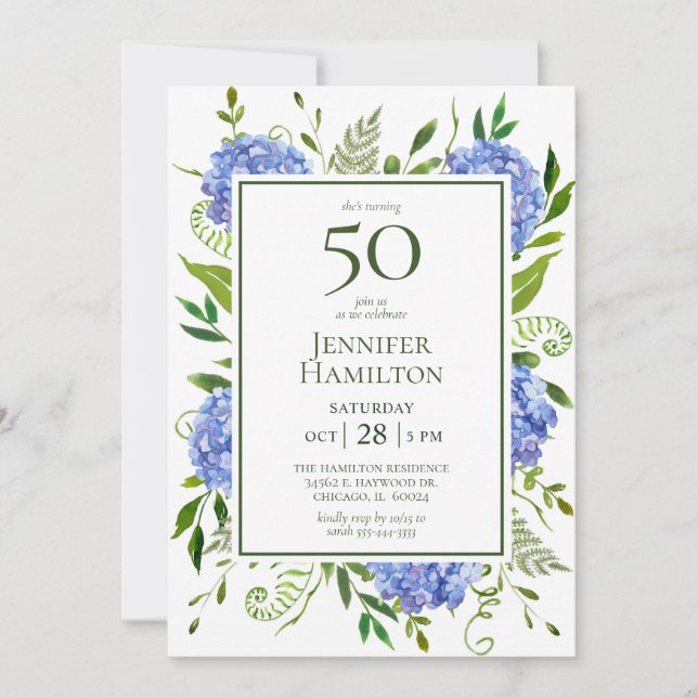 50th Birthday Blue Hydrangeas Invitation (Front)