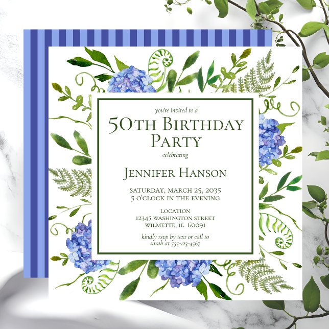 50th Birthday Blue Hydrangeas Invitation (Creator Uploaded)
