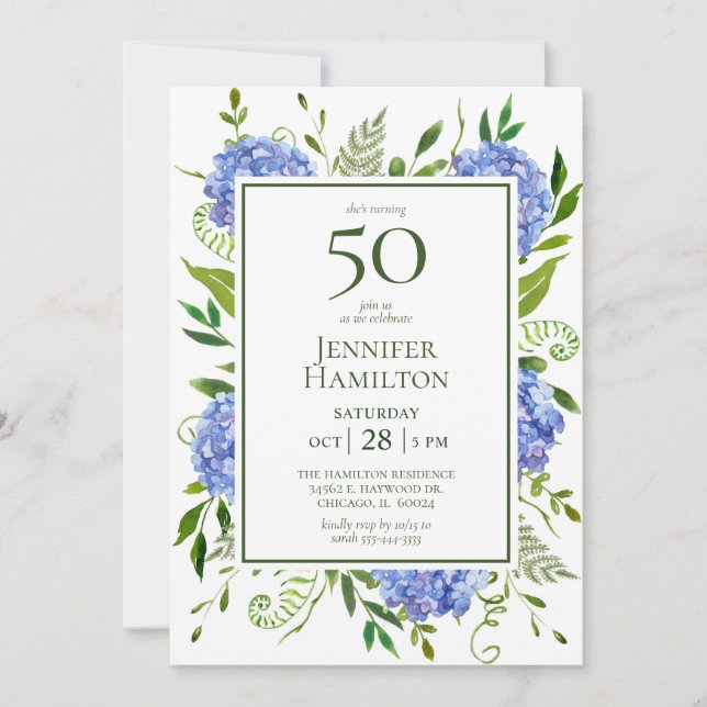 50th Birthday Blue Hydrangeas Invitation (Front)
