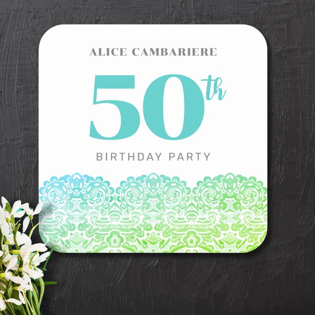 50TH BIRTHDAY BLUE LACE INVITATION SQUARE STICKER (Creator Uploaded)