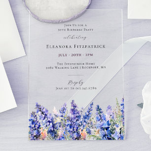 50th Birthday Blue Larkspur July Birth Flower Acrylic Invitations