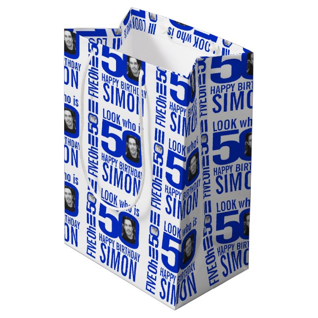 50th birthday blue look 50 custom photo name medium gift bag (Back Angled)
