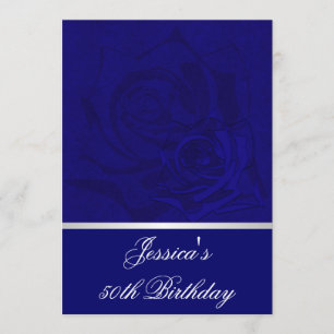 50th Birthday Blue Roses White Satin Trim Party Invitation