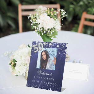 50th Birthday blue silver stars photo welcome Pedestal Sign
