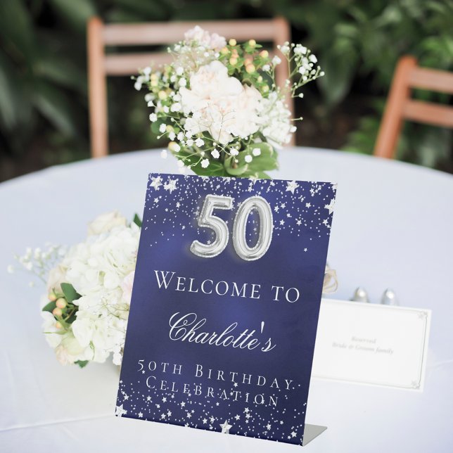 50th Birthday blue silver stars welcome party Pedestal Sign (Creator Uploaded)