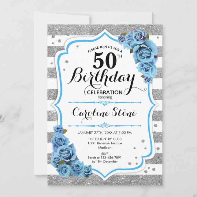 50th Birthday - Blue Silver White Stripes Invitation (Front)