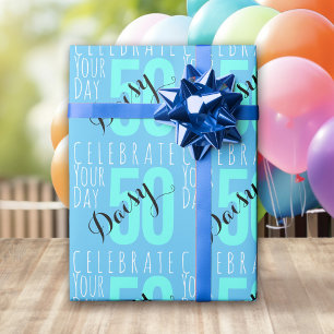 50th Birthday Blue Typography Wrapping Paper