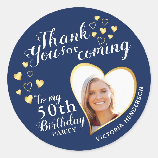 50th Birthday Blue White and Gold Photo Classic Round Sticker (Front)