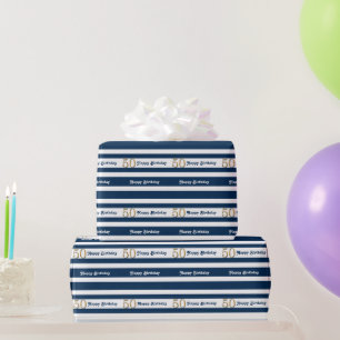 50th birthday blue white gold wrapping paper