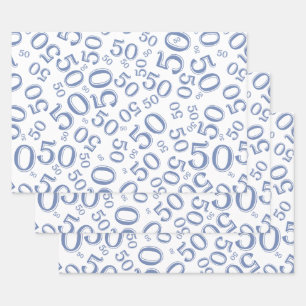 50th Birthday Blue & White Random Number Pattern W Wrapping Paper Sheet