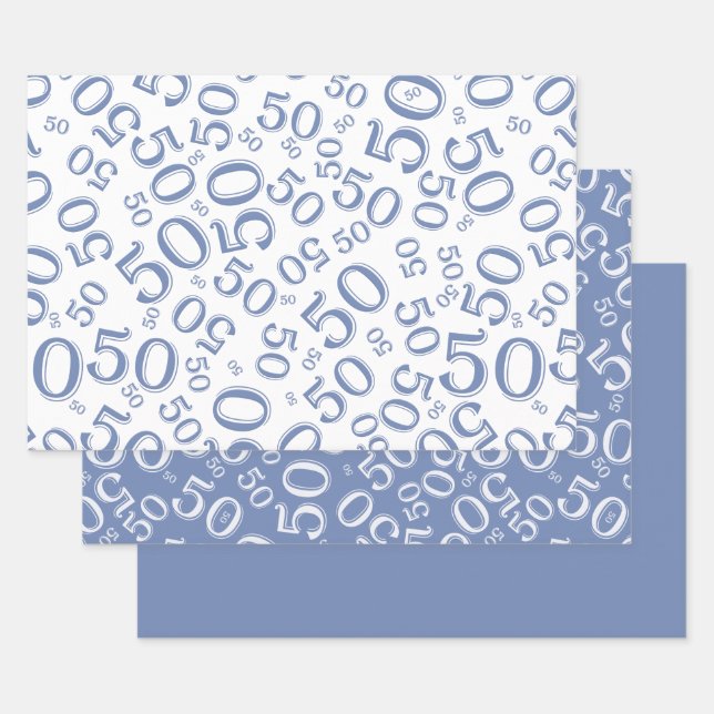 50th Birthday Blue & White Random Number Pattern Wrapping Paper Sheet (Set)