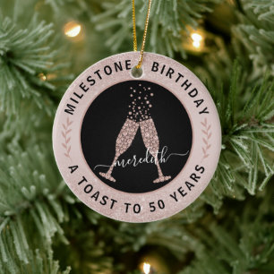  50th Birthday Blush Glitter Champagne Toast Name Ceramic Ornament