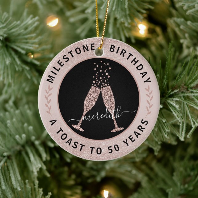 50th Birthday Blush Glitter Champagne Toast Name Ceramic Ornament (Tree)