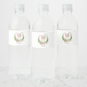 50th birthday blush pink floral water bottle label