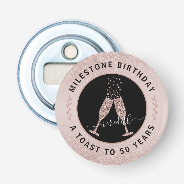 50th Birthday Blush Pink Glitter Champagne Toast Bottle Opener (Front)